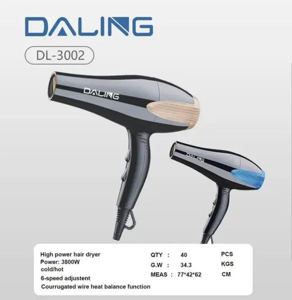 Фен для волос DALING DL-3002, мощность 2200Вт, 3 режима, 2 скорости, сушка и укладка