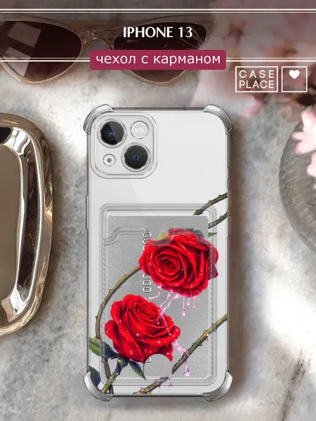 Case Place Чехол на iPhone 13 с карманом с розами