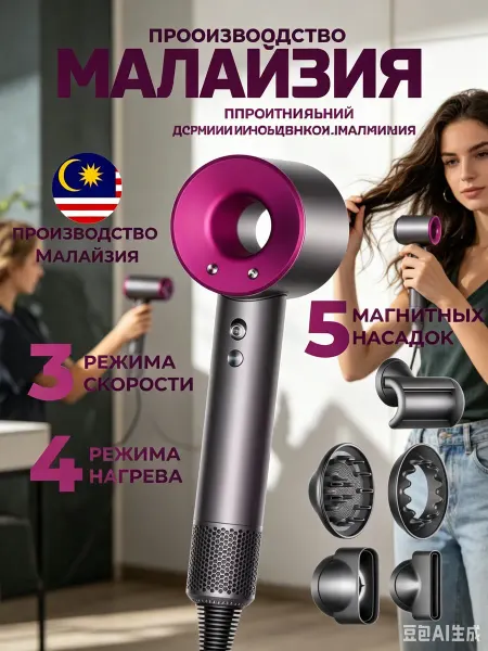 MILLY TOY Фен для волос профессиональный мощный с насадками 5 в 1