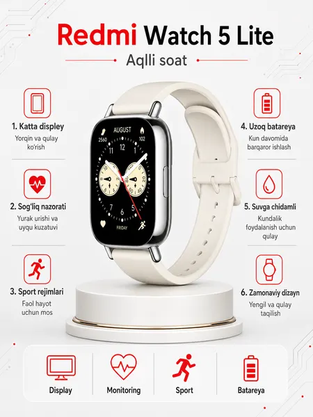 Смарт-часы Redmi Watch 5 Lite, AMOLED 1.96, GPS, Bluetooth-звонки и 5ATM