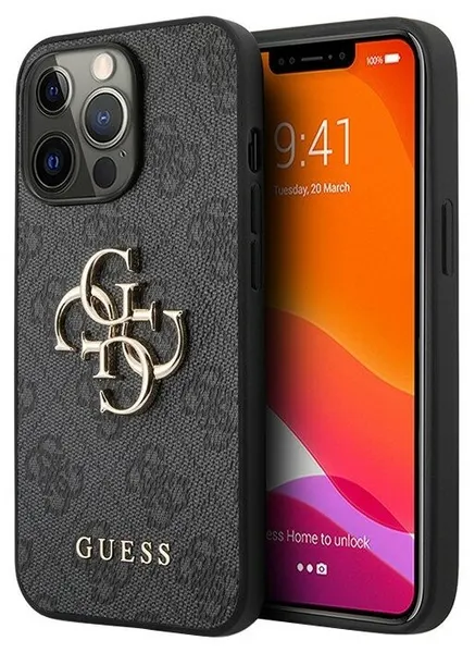 Guess чехол для iPhone 13 Pro, PU кожа 4G Big metal logo серый