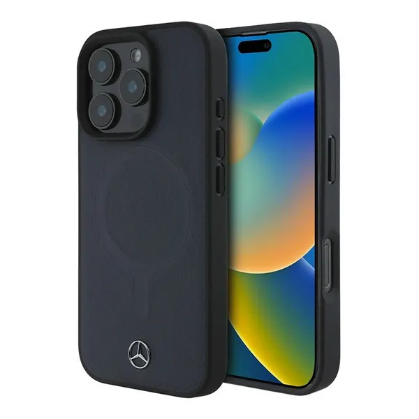 Mercedes кожаный чехол для iPhone 16 Pro Max, Leather Plain Smooth with Ring Metal logo синий (MagSafe)
