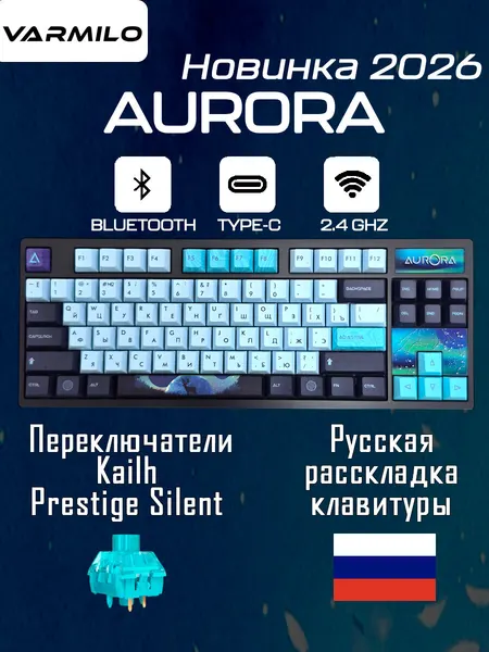 Механическая клавиатура Varmilo VA80 Aurora Kailh Prestige Silent черный/светло-синий (RUS) Bluetooth/USB/Радиоканал