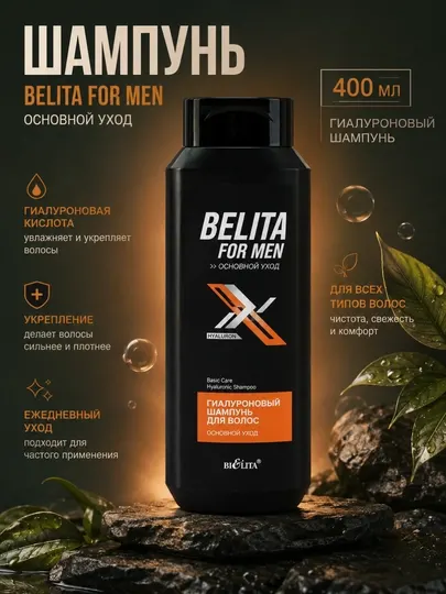 Шампунь BELITA FOR MEN Основной уход, гиалуроновый, 400 мл
