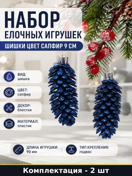 Набор елочных игрушек шишки 2 штуки цвет сапфир 9 см