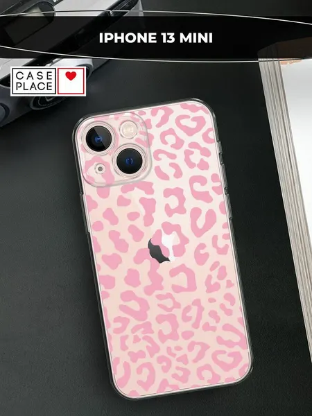Чехол на Apple iPhone 13 mini / Айфон 13 мини с принтом Паттерн розовый леопард, прозрачный