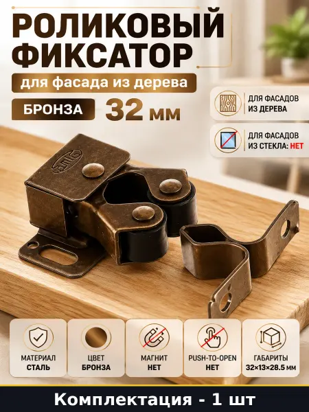 Роликовый фиксатор для фасада из дерева бронза 32 мм
