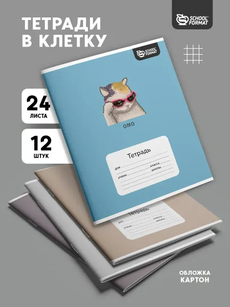 Schoolformat Тетради в клетку 24 листа набор 12 штук Мемные коты