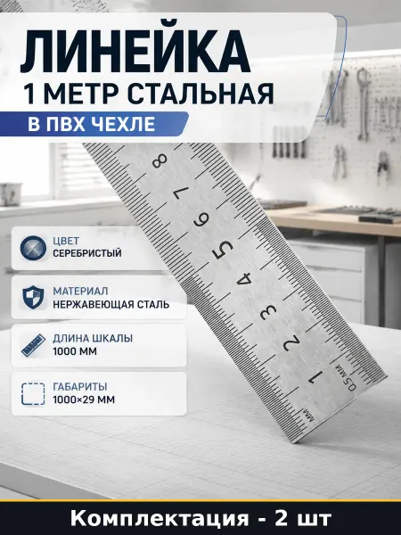 Стамм Линейка 1 метр стальная 2 шт в комплекте в ПВХ чехле