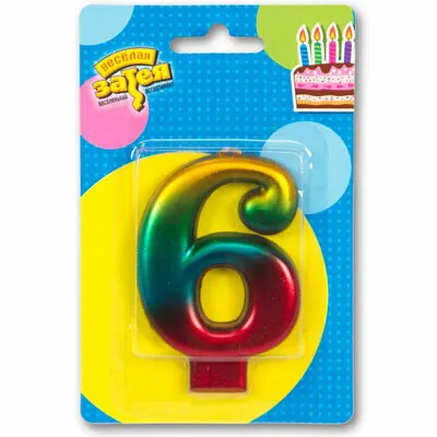 Свеча -цифра "6" Радуга металлик 8см/V