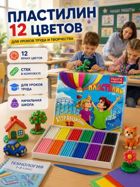 Максимар Пластилин для лепки 12 цветов со стеком детский для школы