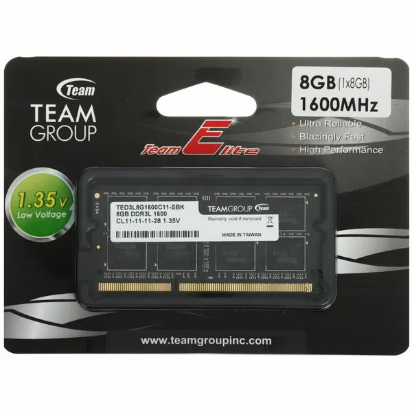 Оперативная память SODIMM Team Group ELITE (TED3L8G1600C11-S01) 8 Гб - DDR3L, 8 ГБ х 1 шт, 1600 МГц, PC12800