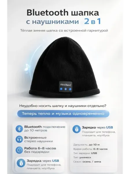 Луна_Лу Шапка с Bluetooth наушниками беспроводная черная