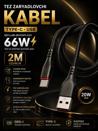 Силиконовый кабель USB Type-C 66W 2 метра — быстрая зарядка и стабильная передача данных - Аксессуары и запчасти