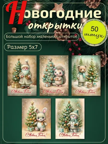 Открытки винтажные, набор Новый год 2026, 50шт