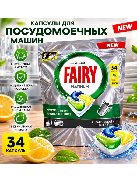 Fairy Platinum Капсулы для посудомоечных машин Platinum Lemon, 34 шт