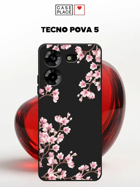 Черный матовый чехол на Tecno Pova 5 / Текно Пова 5 с принтом Весенняя сакура