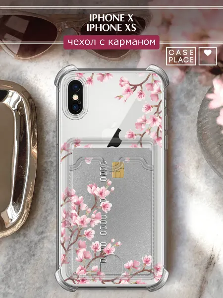 Case Place Чехол на iPhone X iPhone XS с карманом сакура
