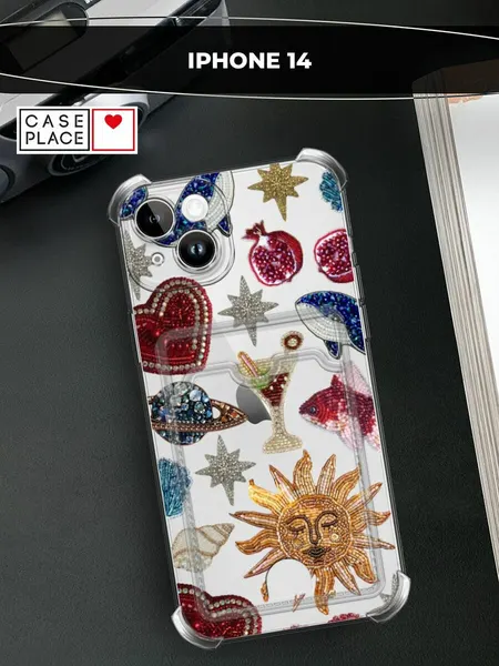 Чехол на Apple iPhone 14 (Айфон 14) с картой и принтом Паттерн из страз