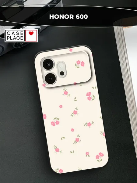 Черный матовый чехол на Honor 600 / Хонор 600 с принтом Розовые цветочки на бежевом