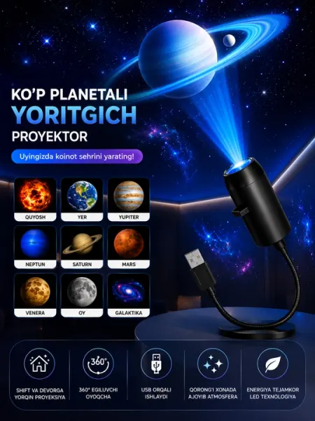 Светодиодный проектор планет и галактики, 9 проекций, USB, с гибкой подставкой 360° - Декор и освещение