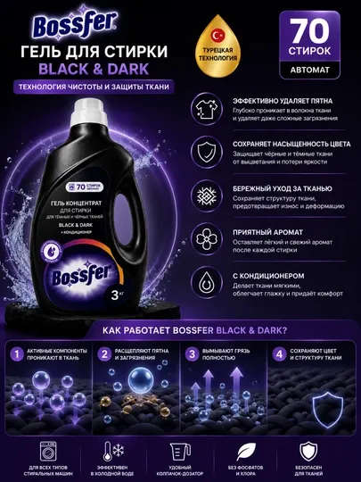 Гель для стирки Bossfer Black & Dark 3 кг для черных и темных тканей
