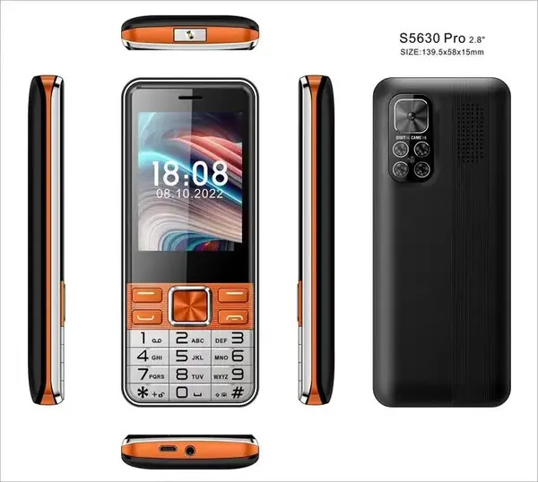 2.8" Мобильный телефон кнопочный S5630 Pro, 4 SIM, большой экран, черный + оранжевый