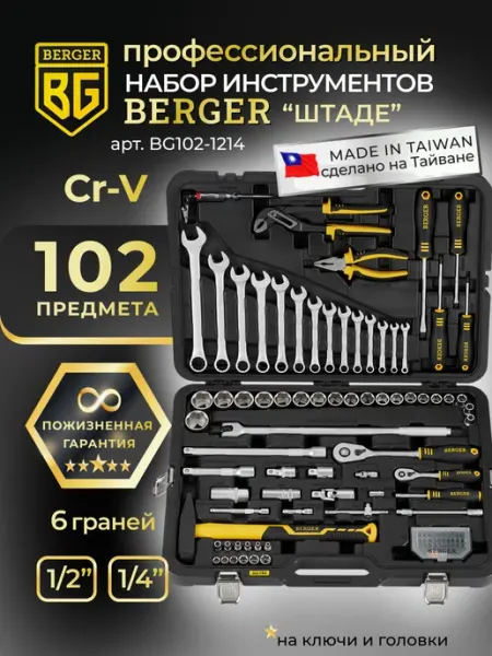 BERGER Набор инструментов для автомобиля 102 предмета BG102-1214