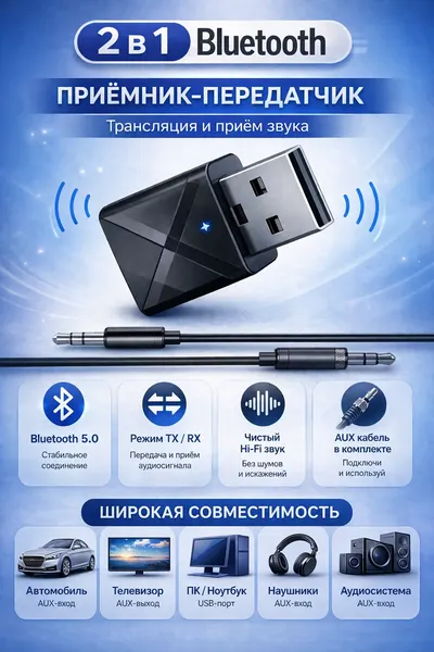 Bluetooth AUX адаптер ресивер - трансмиттер, приемник- передатчик / блютуз для автомобиля /телевизора /колонок