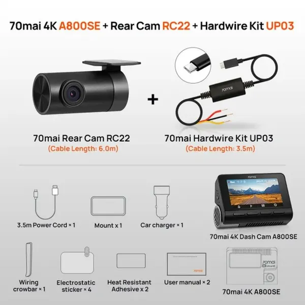 Видеорегистратор 70Mai Dash Cam 4K A800SE + Rear Cam Set HDR + кабель подключения UP03, Черный