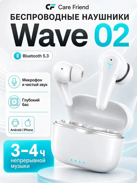 Наушники беспроводные CF PRO WAVE 02W с микрофоном внутриканальные, белые, TWS, Bluetooth