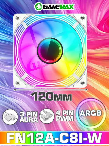 Вентилятор для компьютера 120х120х25 GAMEMAX, FN12A-C8I-W, ARGB, 3pin AURA & 4pin PWM Power(M/F)