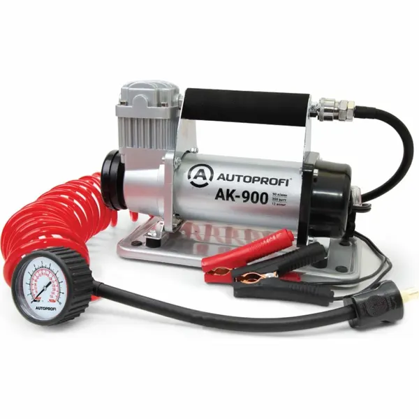 Воздушный компрессор AUTOPROFI 90 л./мин, 12v/30a, 350w, шланг 5 м, шнур питания 3 м, питание от акб, клапан для регулир. давления, воздушный фильтр, набор из 4-х переходников для надувн. изделий, переходники для накач. лодок, сумка AK-900