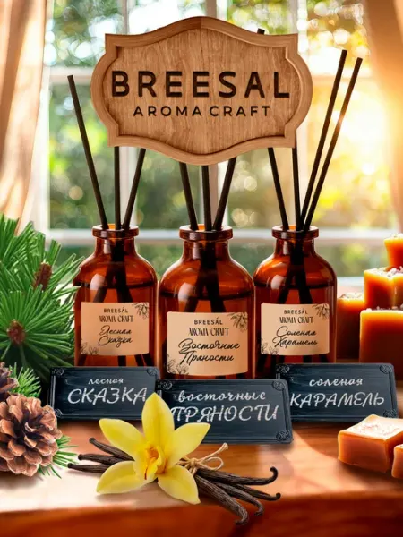 Breesal Диффузор для дома с палочками, Карамель, Кедр, Восток, 3 шт