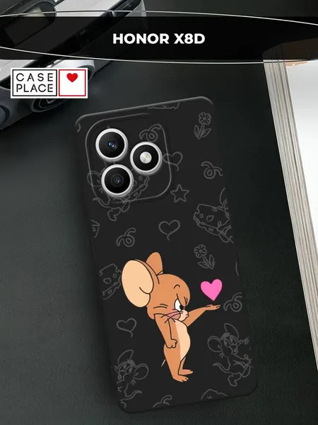 Черный матовый чехол на Honor X8d / Хонор X8d с принтом Джерри с сердечком