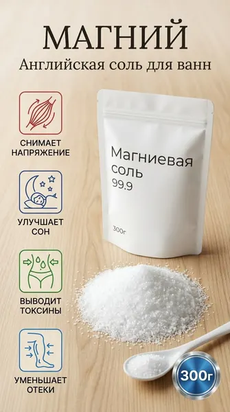 Магниевая "Английская" соль для ванны, без добавок, упаковка 300 гр