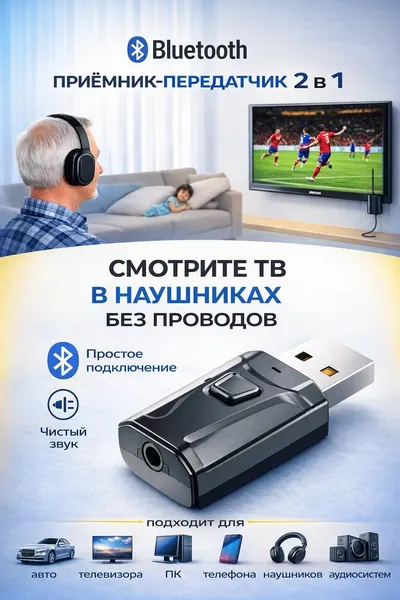 Bluetooth AUX адаптер - трансмиттер приемник- передатчик, Блютуз адаптер для телевизора, для подключения беспроводных наушников к телевизору