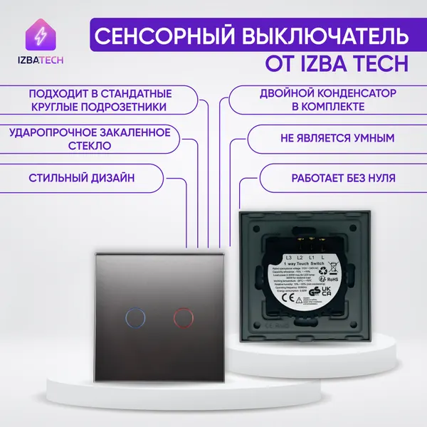 Сенсорный выключатель из закаленного стекла, двухклавишный, золотого цвета