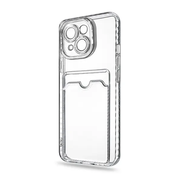Чехол на Apple iPhone 15 Plus с защитой камеры и карманом для карт (кардхолдер), силиконовый, прозрачный