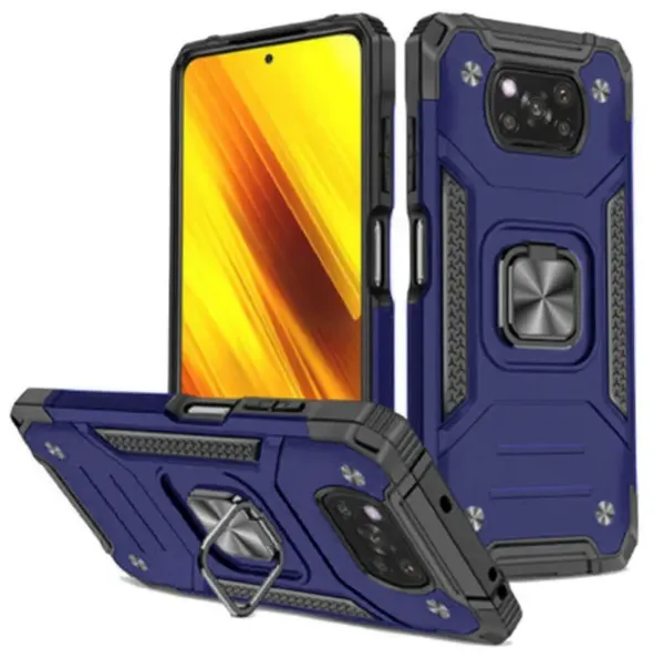 Противоударный чехол для Xiaomi Poco X3 синий с пластиной для магнитного автодержателя и кольцом