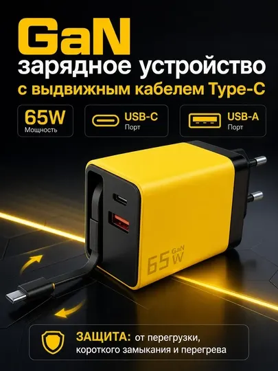 GaN зарядное устройство 65 Вт с выдвижным кабелем в двух цветахType-C - Аксессуары и запчасти
