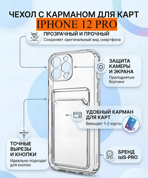 Чехол на Apple iPhone 12 Pro с защитой камеры и карманом для карт (кардхолдер), силиконовый, прозрачный