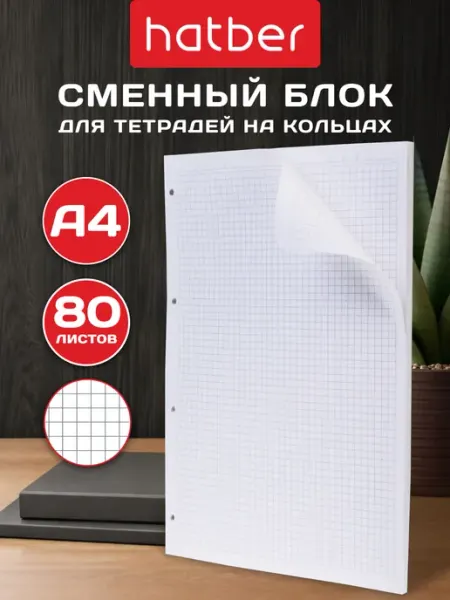 Сменный блок для тетради на кольцах А4 80 листов Hatber