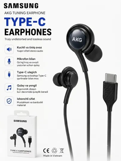 Проводные наушники Samsung AKG Type-C с микрофоном, вакуумные наушники для телефона - Наушники