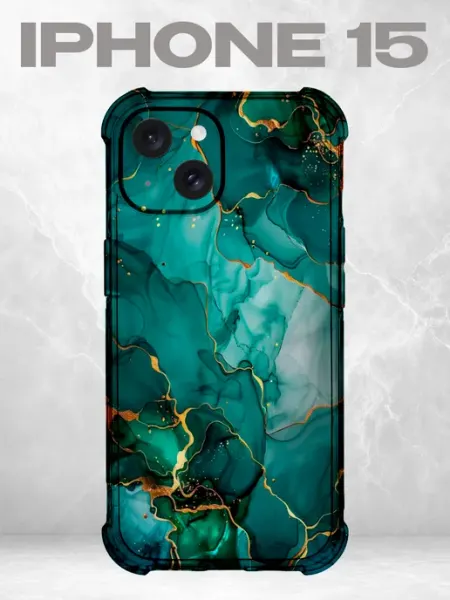Чехол на iPhone 15 мрамор бирюзово-зелёный PRINTberries