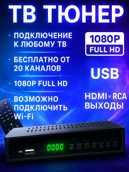 Тв тюнер для телевизора, тв тюнер dvb t2, цифровая приставка для телевизора, 1080p, пульт ДУ, прием DVB-T2, вход HDMI