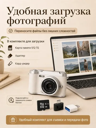 Цифровой фотоаппарат ретро, компактная камера, карта памяти 512 ГБ - Белый