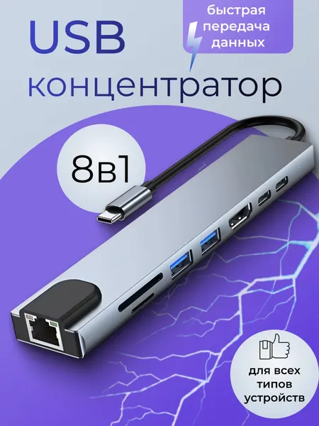 ХАБ Разветвитель 8 в 1 USB C HUB | Переходник-концентратор, 4K HDMI, RJ45 Ethernet, для ноутбука и телефона