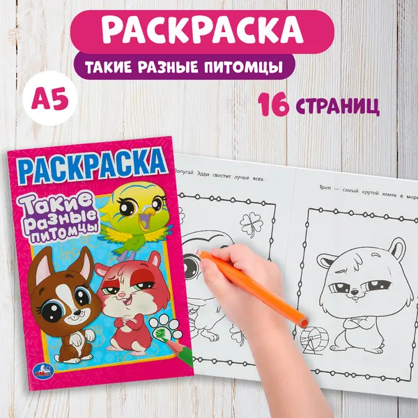 Раскраска для детей Такие разные питомцы, Умка, 16 страниц, формат А5