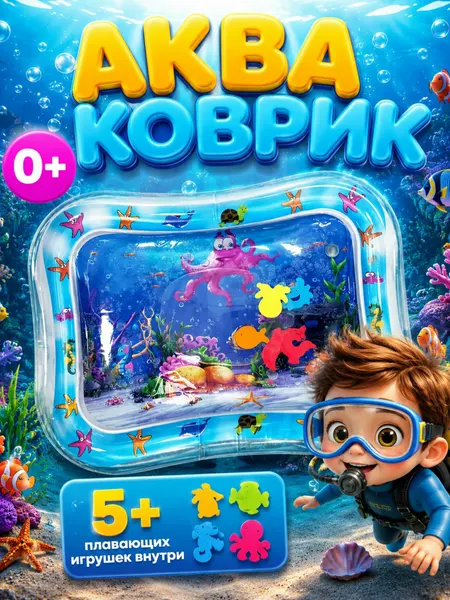 Детский развивающий водный коврик / Надувной коврик с рыбками для малышей, cлучайный рисунок